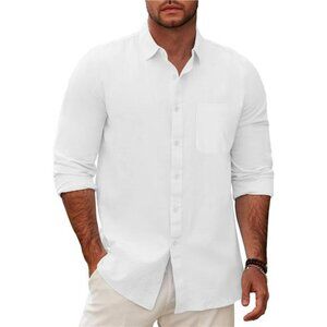 Mens Linen Button Down Shirts Long Sleeves Summer Beach Casual Regular Fit